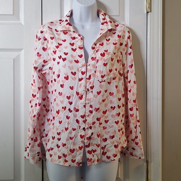 Velvet Heart  Long sleeve hi low heart print button down shirt Valentines Sz S - Picture 1 of 5
